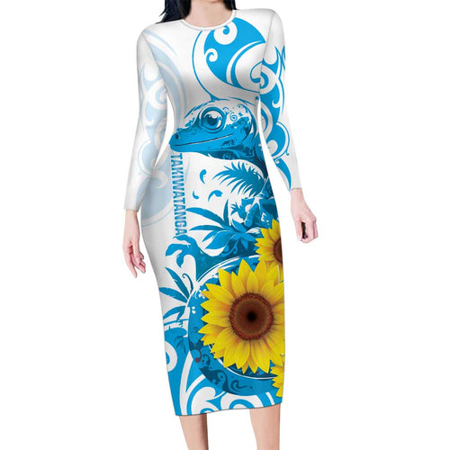 New Zealand Autism Awareness Month Family Matching Long Sleeve Bodycon Dress and Hawaiian Shirt Takiwatanga Maori Lizard With Sunflower