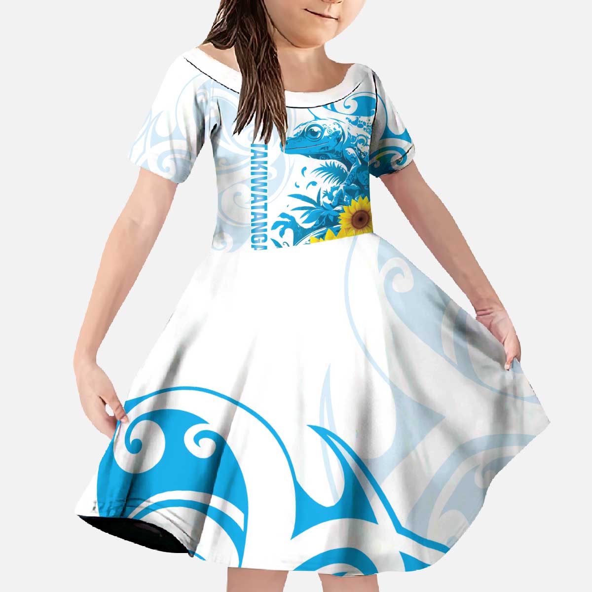 New Zealand Autism Awareness Month Family Matching Off The Shoulder Long Sleeve Dress and Hawaiian Shirt Takiwatanga Maori Lizard With Sunflower