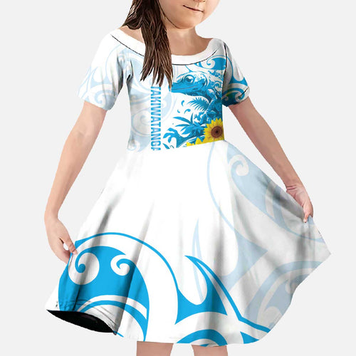 New Zealand Autism Awareness Month Family Matching Off The Shoulder Long Sleeve Dress and Hawaiian Shirt Takiwatanga Maori Lizard With Sunflower
