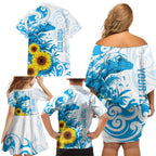 New Zealand Autism Awareness Month Family Matching Off Shoulder Short Dress and Hawaiian Shirt Takiwatanga Maori Lizard With Sunflower