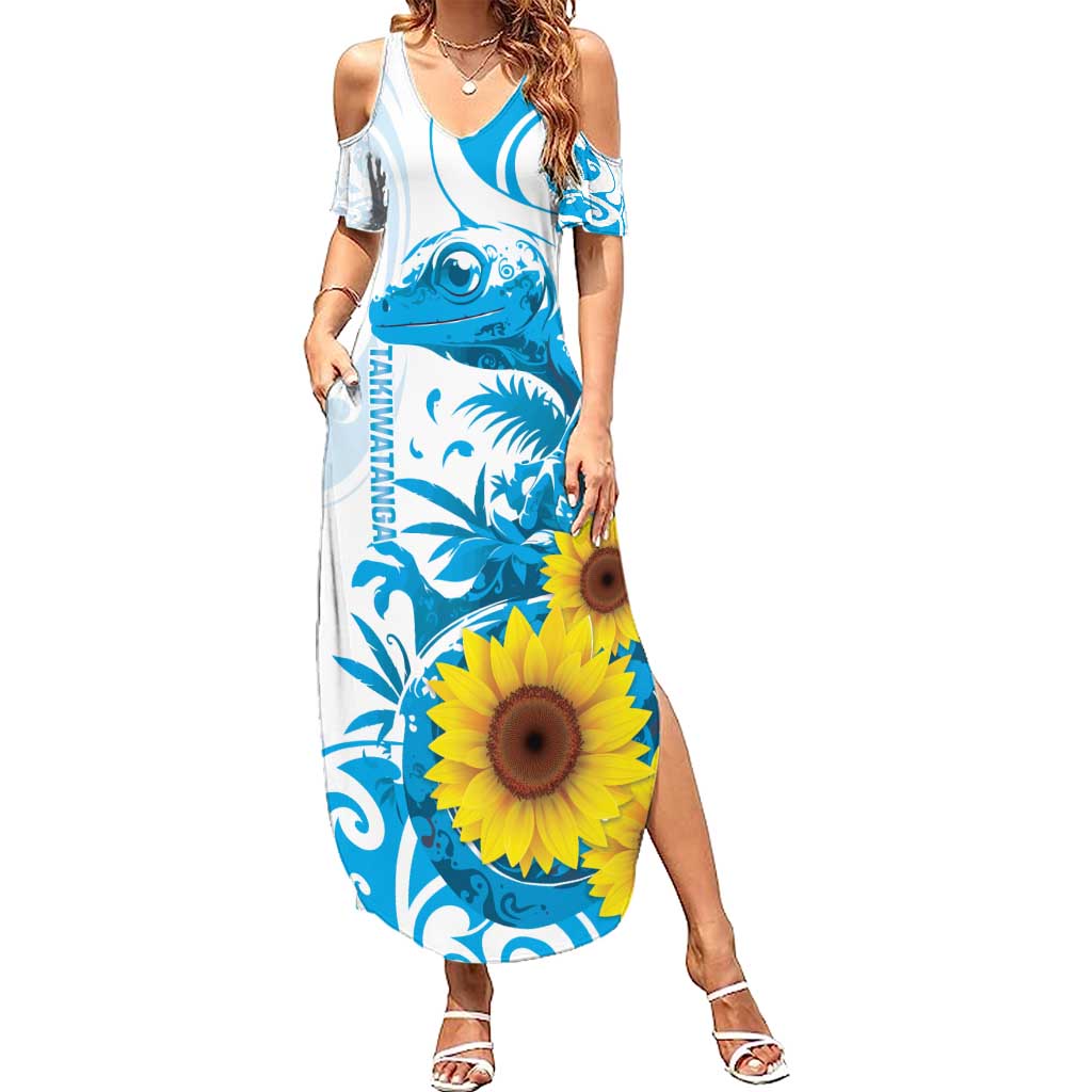 New Zealand Autism Awareness Month Family Matching Summer Maxi Dress and Hawaiian Shirt Takiwatanga Maori Lizard With Sunflower
