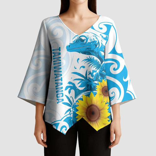 New Zealand Autism Awareness Month Kimono Sleeve Blouse Takiwatanga Maori Lizard With Sunflower - Aussie Hoodie