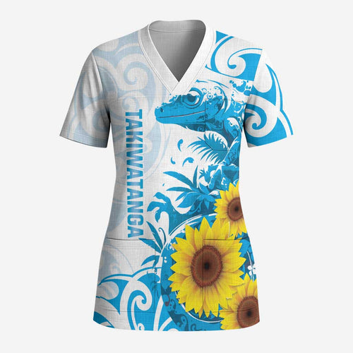 New Zealand Autism Awareness Month Scrub Top Takiwatanga Maori Lizard With Sunflower - Aussie Hoodie