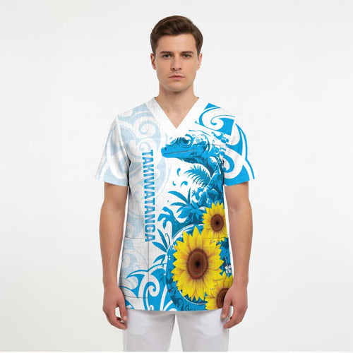 New Zealand Autism Awareness Month Scrub Top Takiwatanga Maori Lizard With Sunflower - Aussie Hoodie