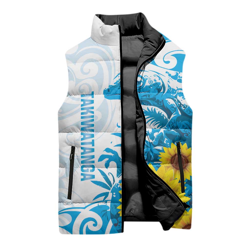 New Zealand Autism Awareness Month Sleeveless Puffer Jacket Takiwatanga Maori Lizard With Sunflower - Aussie Hoodie