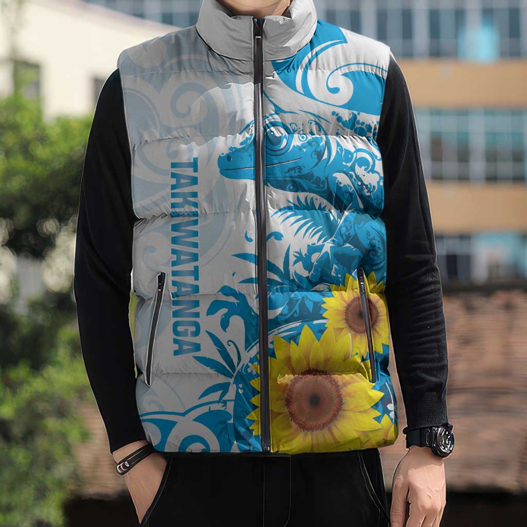 New Zealand Autism Awareness Month Sleeveless Puffer Jacket Takiwatanga Maori Lizard With Sunflower - Aussie Hoodie