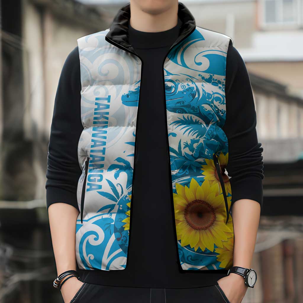 New Zealand Autism Awareness Month Sleeveless Puffer Jacket Takiwatanga Maori Lizard With Sunflower - Aussie Hoodie