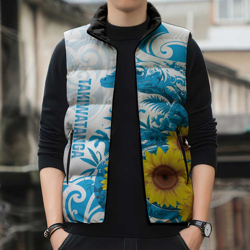 New Zealand Autism Awareness Month Sleeveless Puffer Jacket Takiwatanga Maori Lizard With Sunflower - Aussie Hoodie