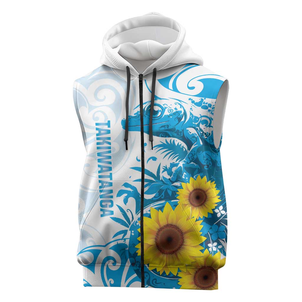 New Zealand Autism Awareness Month Sleeveless Zip Hoodie Takiwatanga Maori Lizard With Sunflower LT14