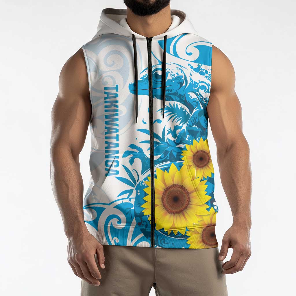 New Zealand Autism Awareness Month Sleeveless Zip Hoodie Takiwatanga Maori Lizard With Sunflower LT14
