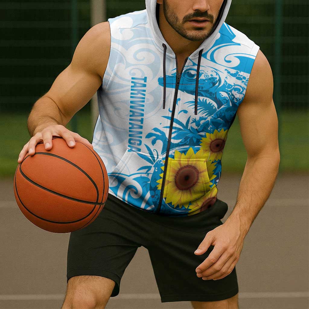 New Zealand Autism Awareness Month Sleeveless Zip Hoodie Takiwatanga Maori Lizard With Sunflower LT14