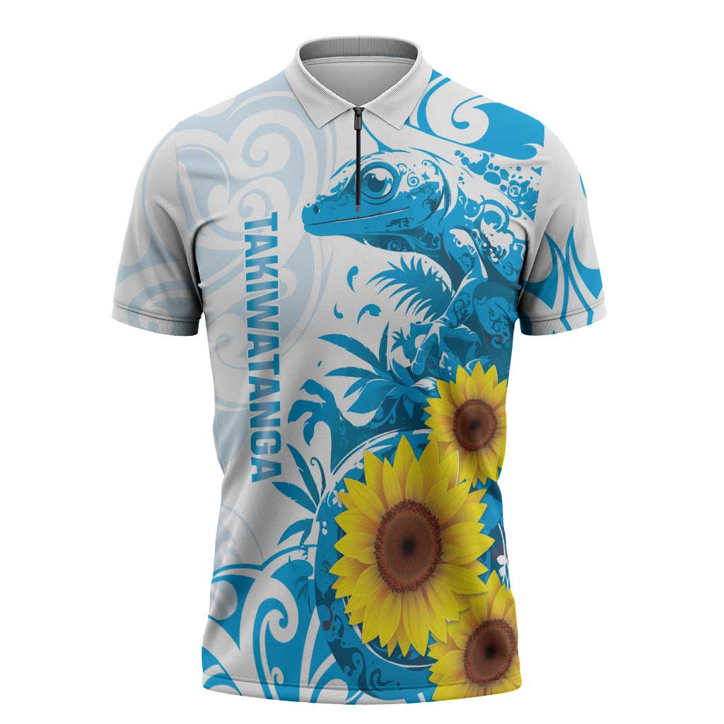 New Zealand Autism Awareness Month Zipper Polo Shirt Takiwatanga Maori Lizard With Sunflower - Aussie Hoodie