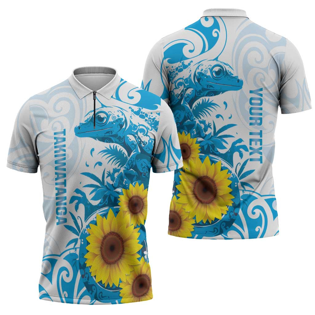 New Zealand Autism Awareness Month Zipper Polo Shirt Takiwatanga Maori Lizard With Sunflower - Aussie Hoodie