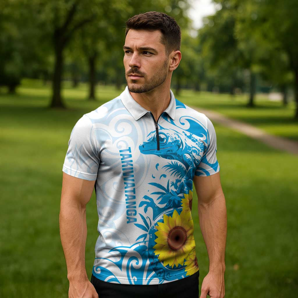 New Zealand Autism Awareness Month Zipper Polo Shirt Takiwatanga Maori Lizard With Sunflower - Aussie Hoodie