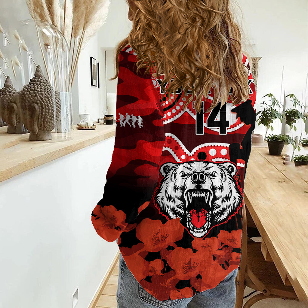 (Custom Text And Number) North Sydney Rugby ANZAC Women Casual Shirt Bears Indigenous Mix Camouflage Poppy LT14
