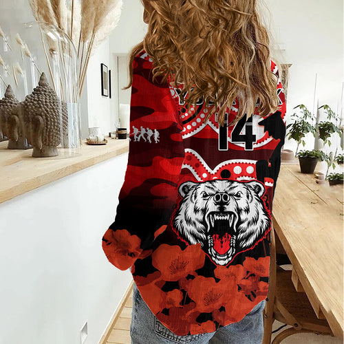 (Custom Text And Number) North Sydney Rugby ANZAC Women Casual Shirt Bears Indigenous Mix Camouflage Poppy LT14