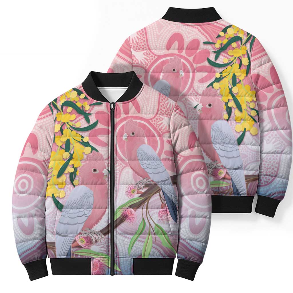 Australia Galah Bomber Puffer Jacket Gumblossoms Golden Wattle Aboriginal Art - Aussie Hoodie