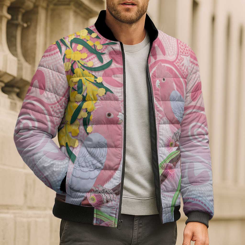 Australia Galah Bomber Puffer Jacket Gumblossoms Golden Wattle Aboriginal Art - Aussie Hoodie