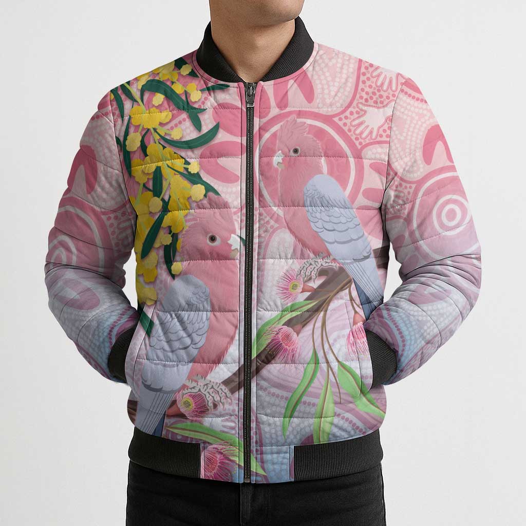 Australia Galah Bomber Puffer Jacket Gumblossoms Golden Wattle Aboriginal Art - Aussie Hoodie