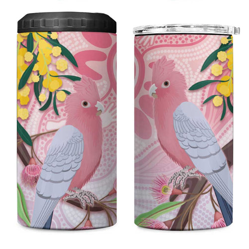 Australia Galah 4 in 1 Can Cooler Tumbler Gumblossoms Golden Wattle Aboriginal Art