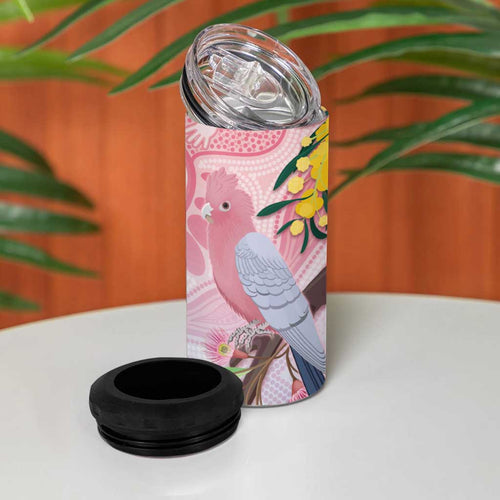 Australia Galah 4 in 1 Can Cooler Tumbler Gumblossoms Golden Wattle Aboriginal Art