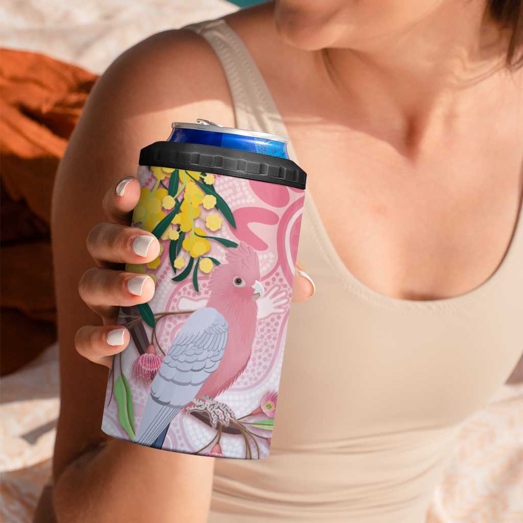Australia Galah 4 in 1 Can Cooler Tumbler Gumblossoms Golden Wattle Aboriginal Art