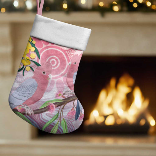 Australia Galah Christmas Stocking Gumblossoms Golden Wattle Aboriginal Art - Aussie Hoodie