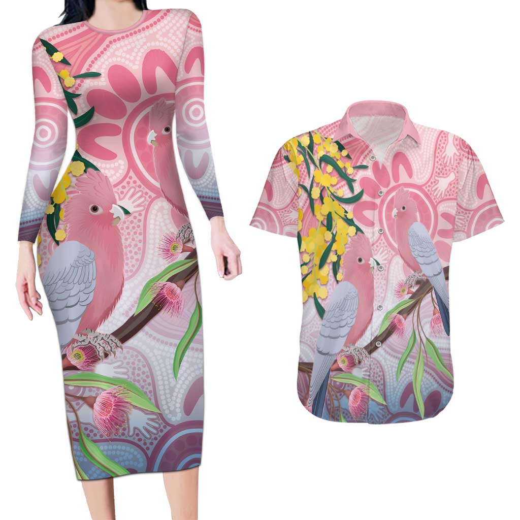 Australia Galah Couples Matching Long Sleeve Bodycon Dress and Hawaiian Shirt Gumblossoms Golden Wattle Aboriginal Art
