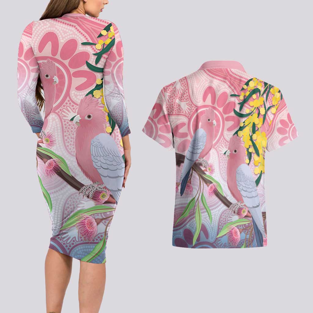 Australia Galah Couples Matching Long Sleeve Bodycon Dress and Hawaiian Shirt Gumblossoms Golden Wattle Aboriginal Art
