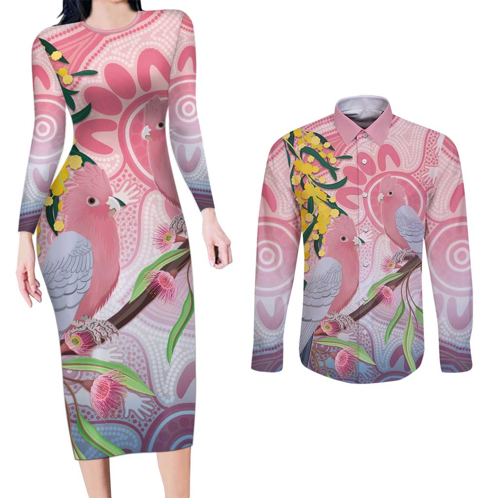 Australia Galah Couples Matching Long Sleeve Bodycon Dress and Long Sleeve Button Shirt Gumblossoms Golden Wattle Aboriginal Art