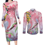 Australia Galah Couples Matching Long Sleeve Bodycon Dress and Long Sleeve Button Shirt Gumblossoms Golden Wattle Aboriginal Art