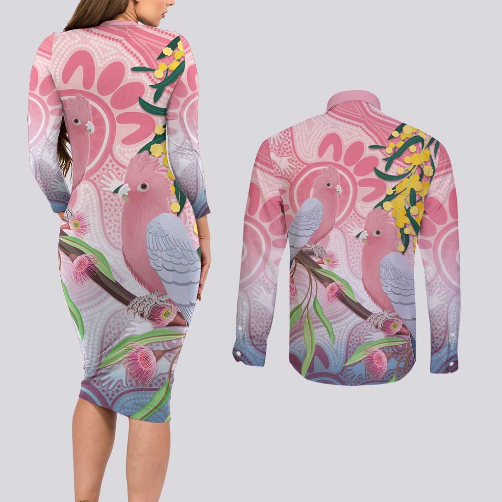Australia Galah Couples Matching Long Sleeve Bodycon Dress and Long Sleeve Button Shirt Gumblossoms Golden Wattle Aboriginal Art