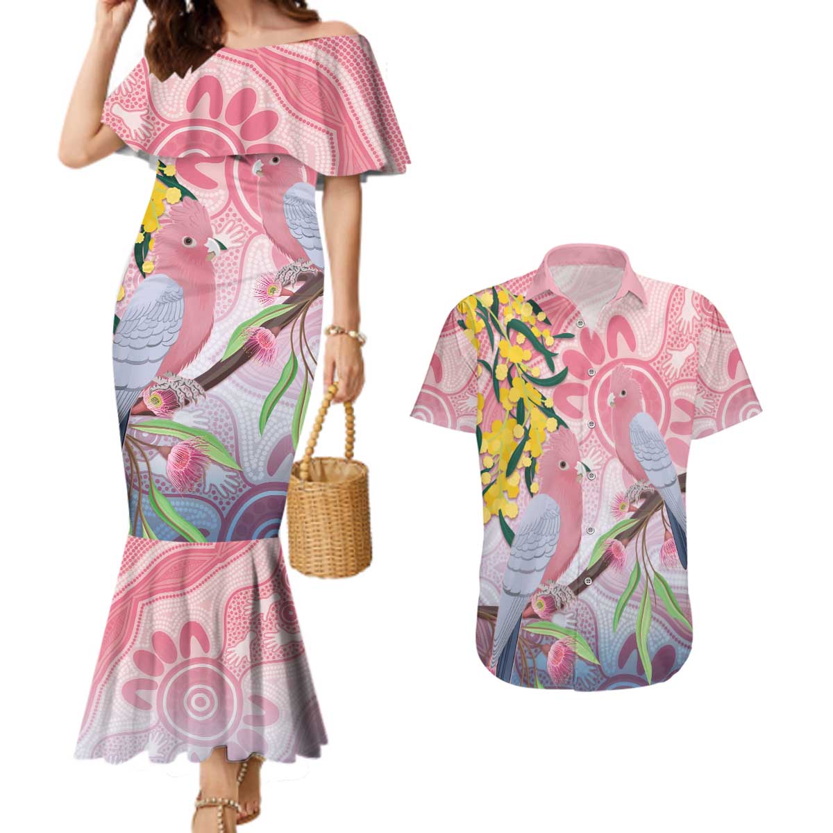 Australia Galah Couples Matching Mermaid Dress and Hawaiian Shirt Gumblossoms Golden Wattle Aboriginal Art