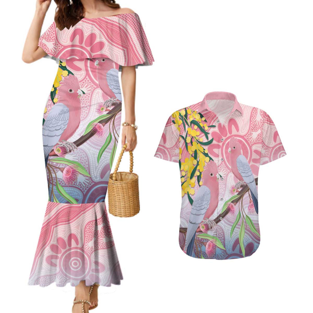Australia Galah Couples Matching Mermaid Dress and Hawaiian Shirt Gumblossoms Golden Wattle Aboriginal Art