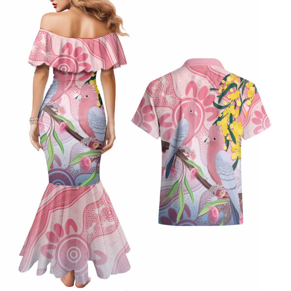 Australia Galah Couples Matching Mermaid Dress and Hawaiian Shirt Gumblossoms Golden Wattle Aboriginal Art