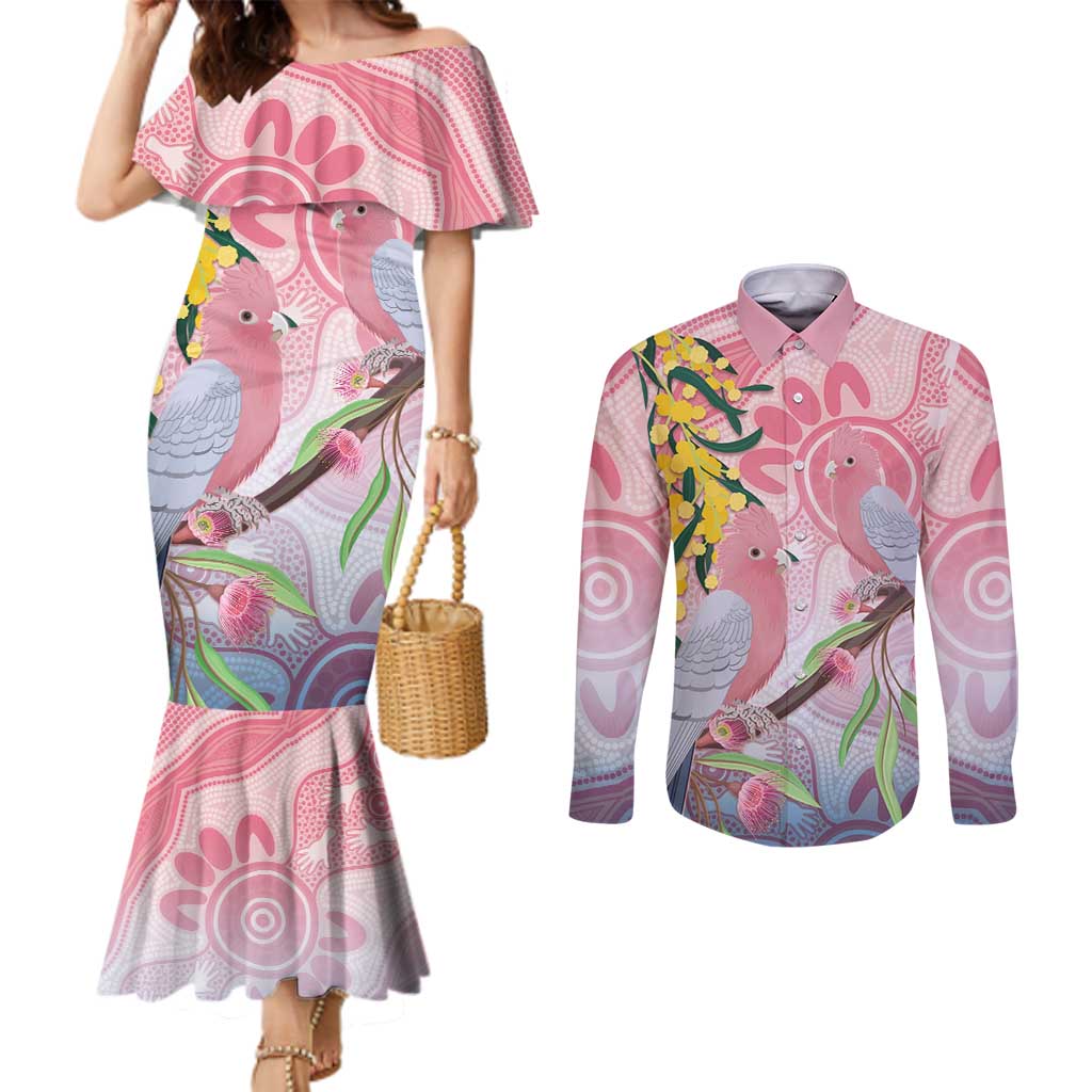 Australia Galah Couples Matching Mermaid Dress and Long Sleeve Button Shirt Gumblossoms Golden Wattle Aboriginal Art