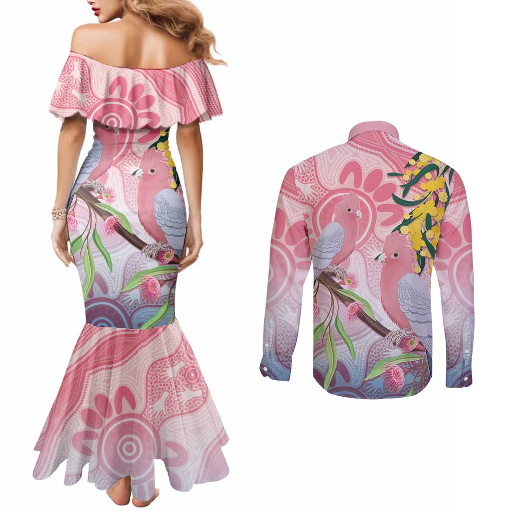 Australia Galah Couples Matching Mermaid Dress and Long Sleeve Button Shirt Gumblossoms Golden Wattle Aboriginal Art