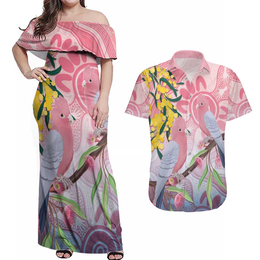Australia Galah Couples Matching Off Shoulder Maxi Dress and Hawaiian Shirt Gumblossoms Golden Wattle Aboriginal Art