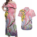 Australia Galah Couples Matching Off Shoulder Maxi Dress and Hawaiian Shirt Gumblossoms Golden Wattle Aboriginal Art