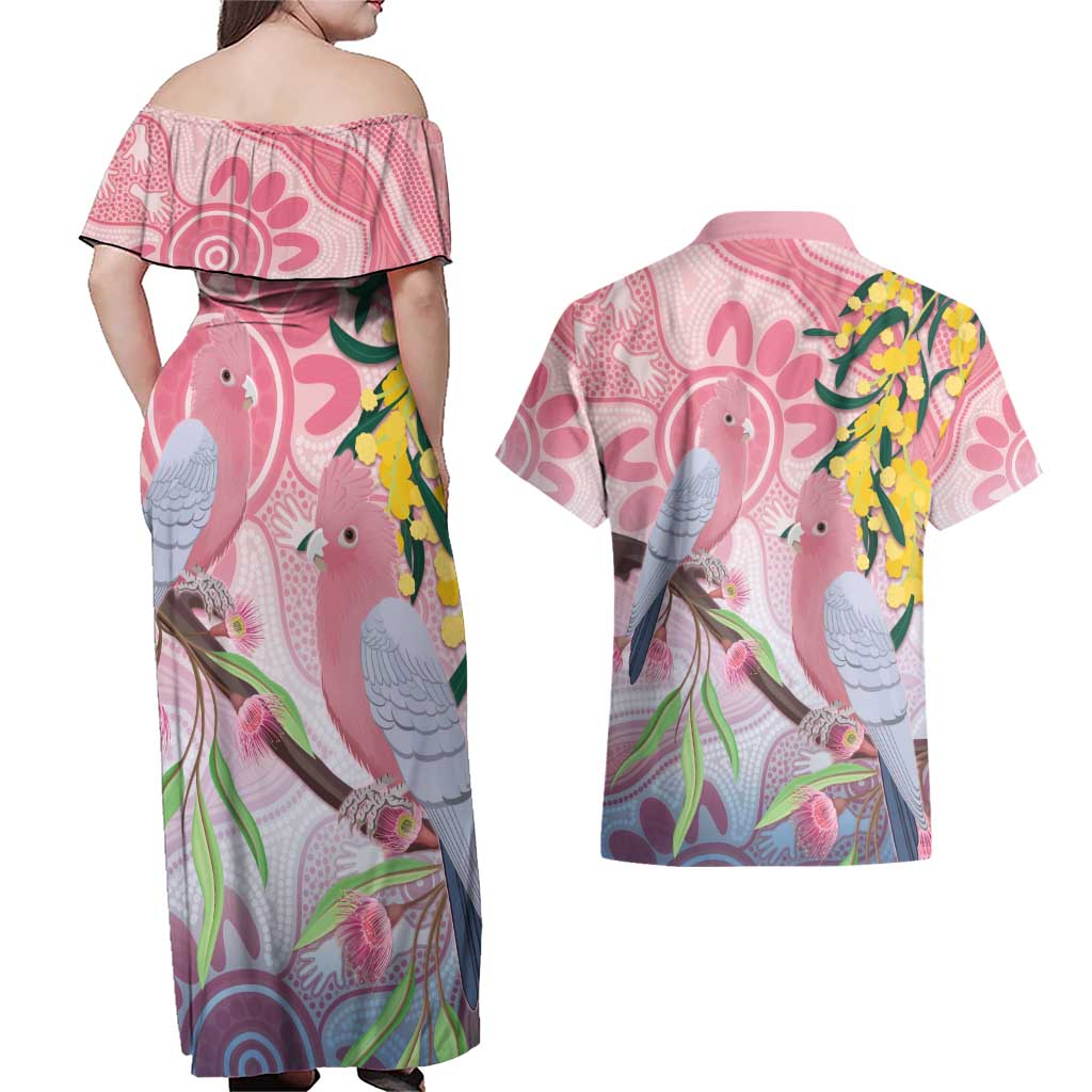 Australia Galah Couples Matching Off Shoulder Maxi Dress and Hawaiian Shirt Gumblossoms Golden Wattle Aboriginal Art