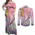 Australia Galah Couples Matching Off Shoulder Maxi Dress and Long Sleeve Button Shirt Gumblossoms Golden Wattle Aboriginal Art