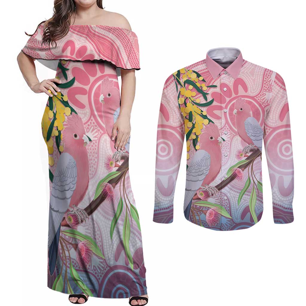 Australia Galah Couples Matching Off Shoulder Maxi Dress and Long Sleeve Button Shirt Gumblossoms Golden Wattle Aboriginal Art