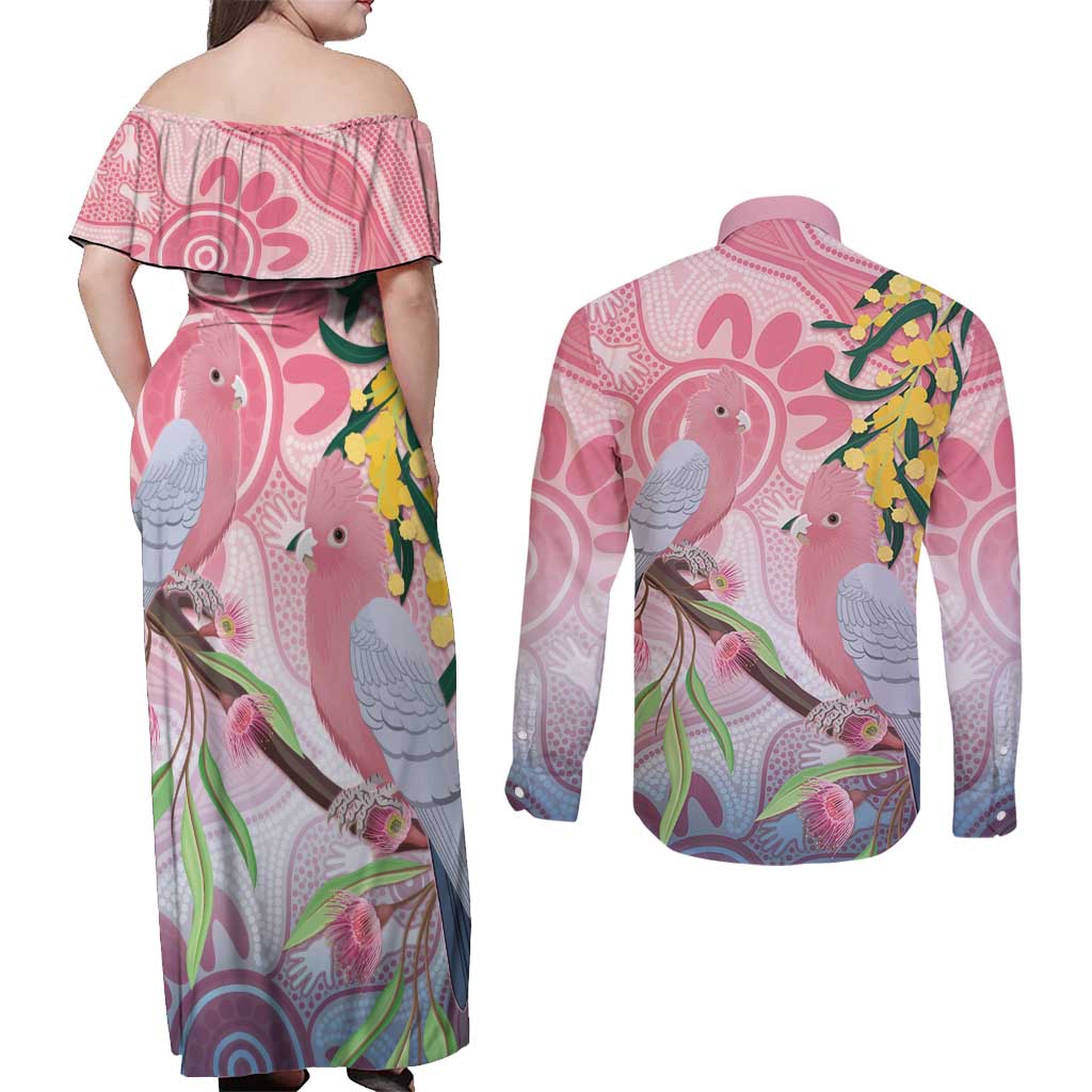 Australia Galah Couples Matching Off Shoulder Maxi Dress and Long Sleeve Button Shirt Gumblossoms Golden Wattle Aboriginal Art