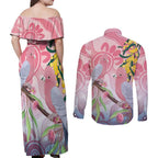 Australia Galah Couples Matching Off Shoulder Maxi Dress and Long Sleeve Button Shirt Gumblossoms Golden Wattle Aboriginal Art