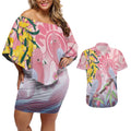 Australia Galah Couples Matching Off Shoulder Short Dress and Hawaiian Shirt Gumblossoms Golden Wattle Aboriginal Art