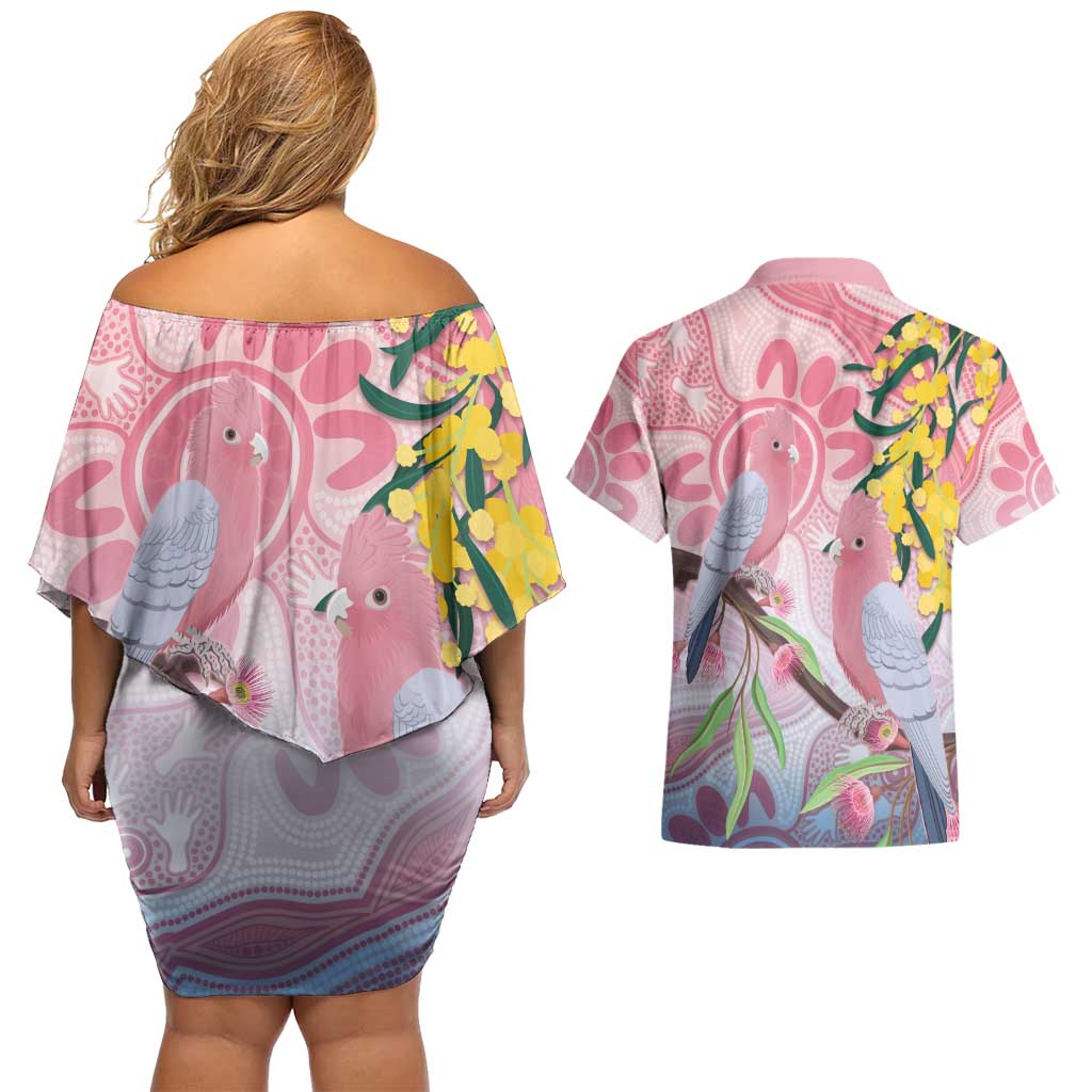 Australia Galah Couples Matching Off Shoulder Short Dress and Hawaiian Shirt Gumblossoms Golden Wattle Aboriginal Art