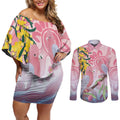 Australia Galah Couples Matching Off Shoulder Short Dress and Long Sleeve Button Shirt Gumblossoms Golden Wattle Aboriginal Art
