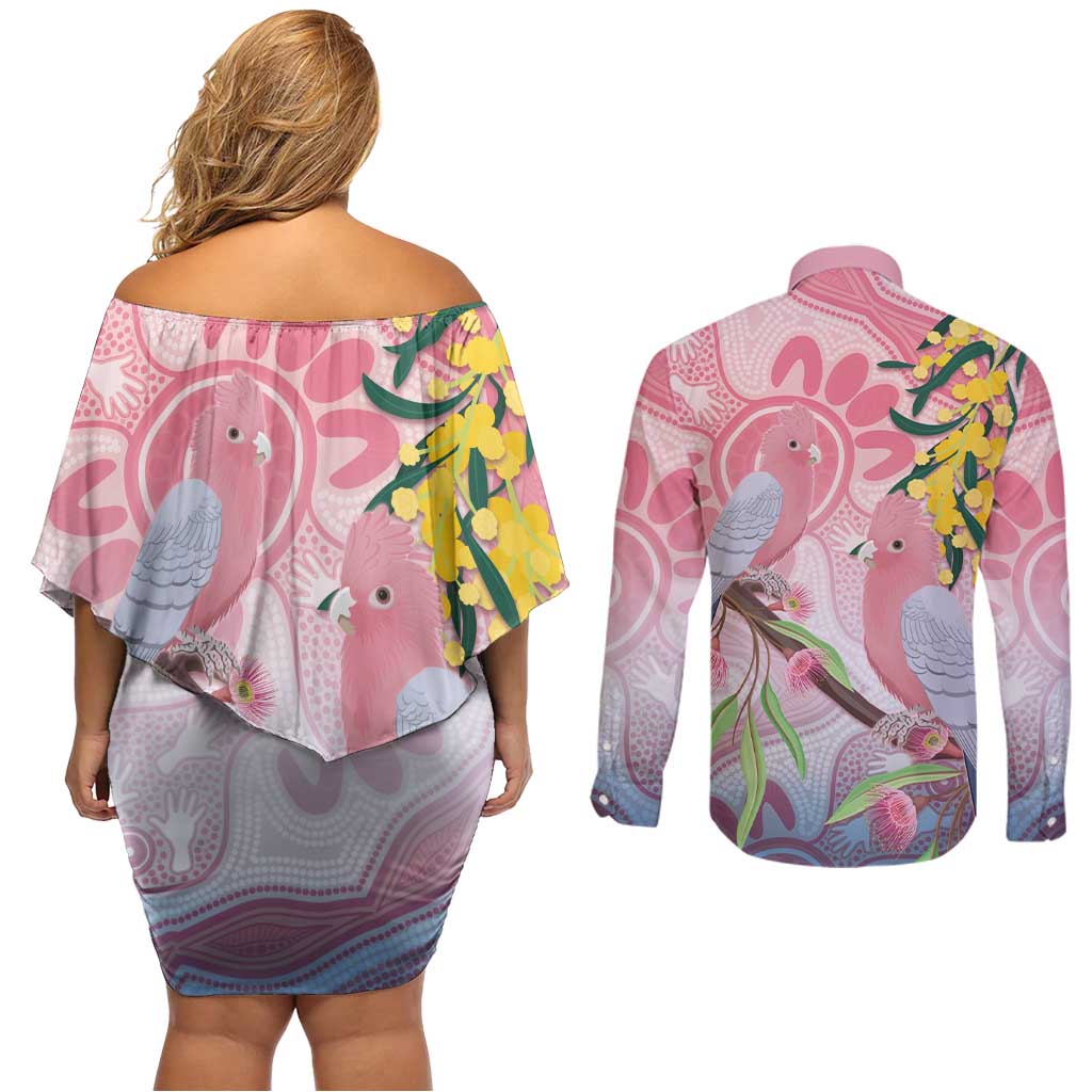 Australia Galah Couples Matching Off Shoulder Short Dress and Long Sleeve Button Shirt Gumblossoms Golden Wattle Aboriginal Art