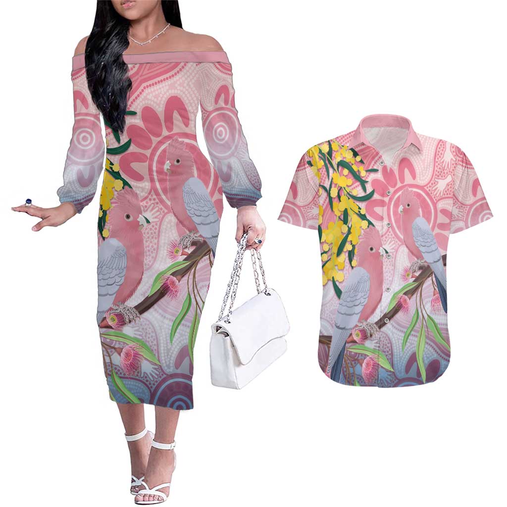 Australia Galah Couples Matching Off The Shoulder Long Sleeve Dress and Hawaiian Shirt Gumblossoms Golden Wattle Aboriginal Art