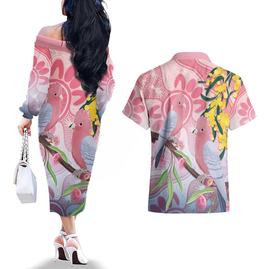Australia Galah Couples Matching Off The Shoulder Long Sleeve Dress and Hawaiian Shirt Gumblossoms Golden Wattle Aboriginal Art